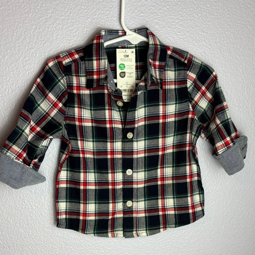 NWT OshKosh B'gosh Plaid Button Down Shirt - Red, Navy Blue, and White